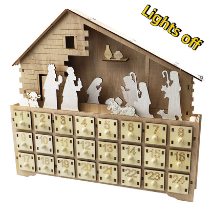 Wooden Christmas LED Light Calendar Cabinet Nativity Manger Decoration Wooden Desk Calendar Christmas Countdown Ornament