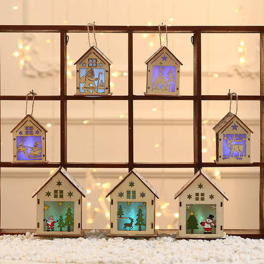 Christmas ornaments Christmas luminous wood house hotel Christmas tree decoration, children's handmade DIY pendants