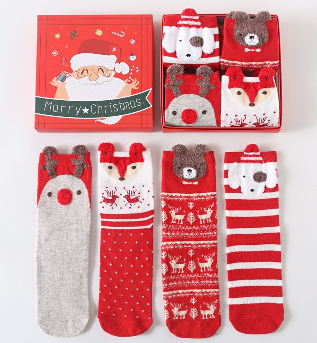 Boxed Christmas stockings ladies cartoon three-dimensional Christmas gift box old man sweet beautiful women socks medium tube red socks