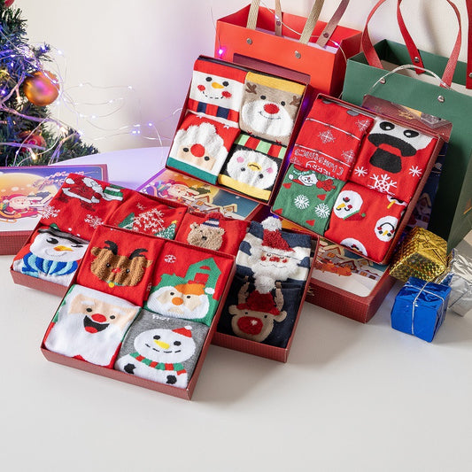 Christmas socks gift box autumn and winter new cartoon three-dimensional cute socks women's medium tube red Christmas socks