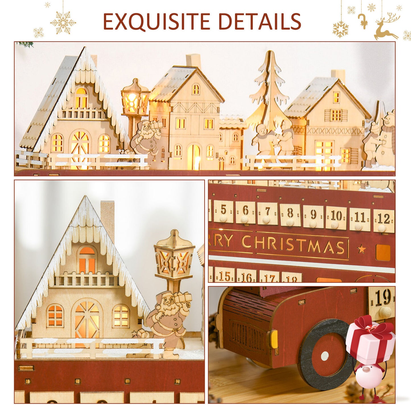 Christmas Gifts Big Bus Tabletop Decoration Christmas Train House Wooden Countdown Drawer Calendar Ornament