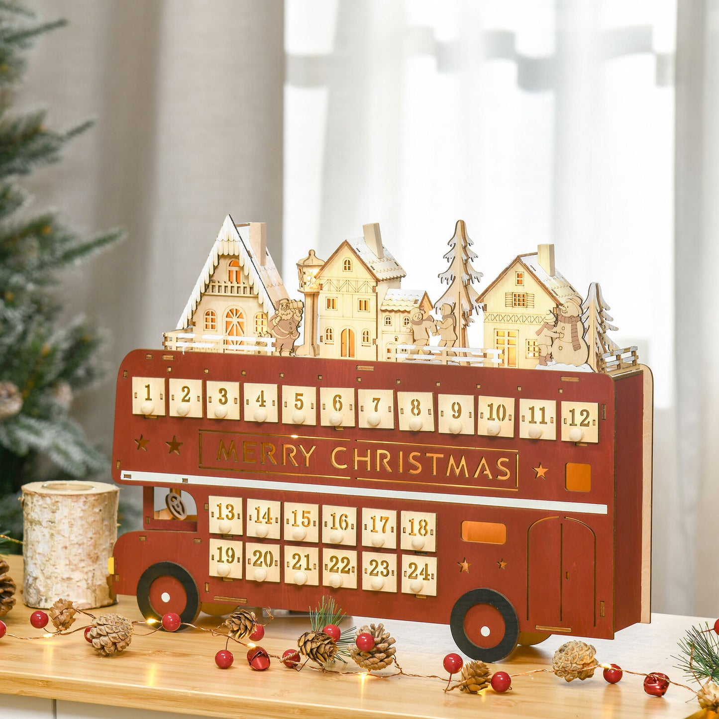 Christmas Gifts Big Bus Tabletop Decoration Christmas Train House Wooden Countdown Drawer Calendar Ornament