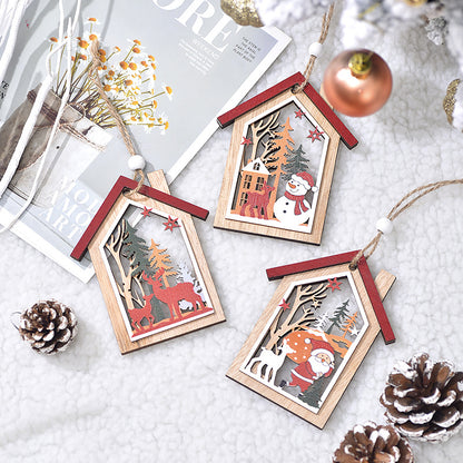 Christmas decoration Christmas tree old man snowman deer wooden hollow house pendant wooden print Christmas tree