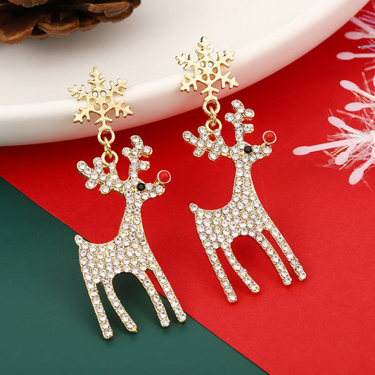 Christmas light luxury snowflake elk stud earrings, fashionable and high-end Christmas diamond rhinestone earrings