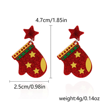 Christmas sparkle print earrings fashion red Christmas gloves gift bag acrylic earrings