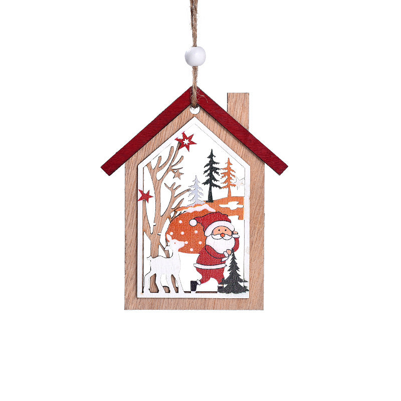 Christmas decoration Christmas tree old man snowman deer wooden hollow house pendant wooden print Christmas tree