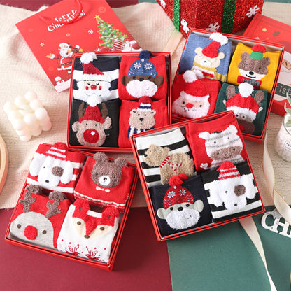 Boxed Christmas stockings ladies cartoon three-dimensional Christmas gift box old man sweet beautiful women socks medium tube red socks