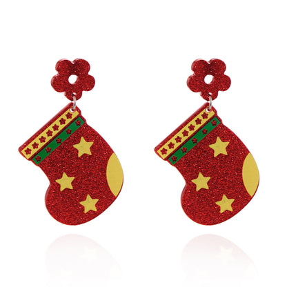 Christmas sparkle print earrings fashion red Christmas gloves gift bag acrylic earrings