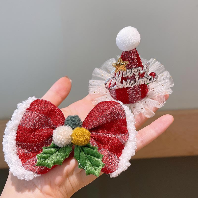 Red cute Christmas hat headband plush hairpin super cute bow hairpin new Korean Christmas headgear