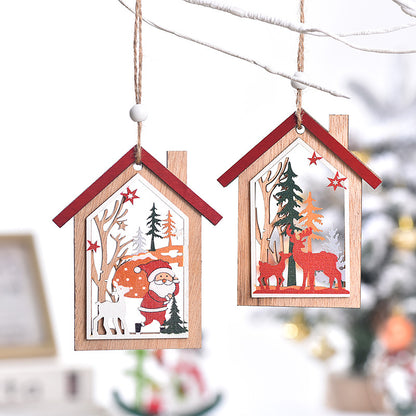 Christmas decoration Christmas tree old man snowman deer wooden hollow house pendant wooden print Christmas tree