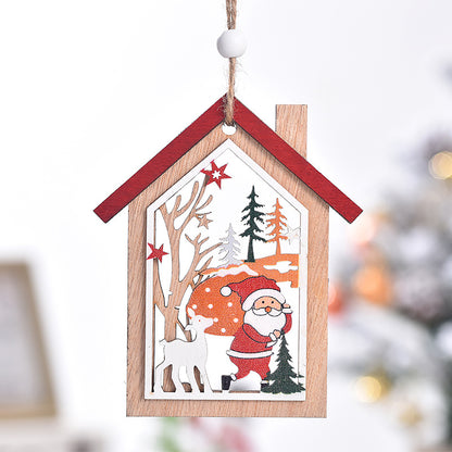 Christmas decoration Christmas tree old man snowman deer wooden hollow house pendant wooden print Christmas tree