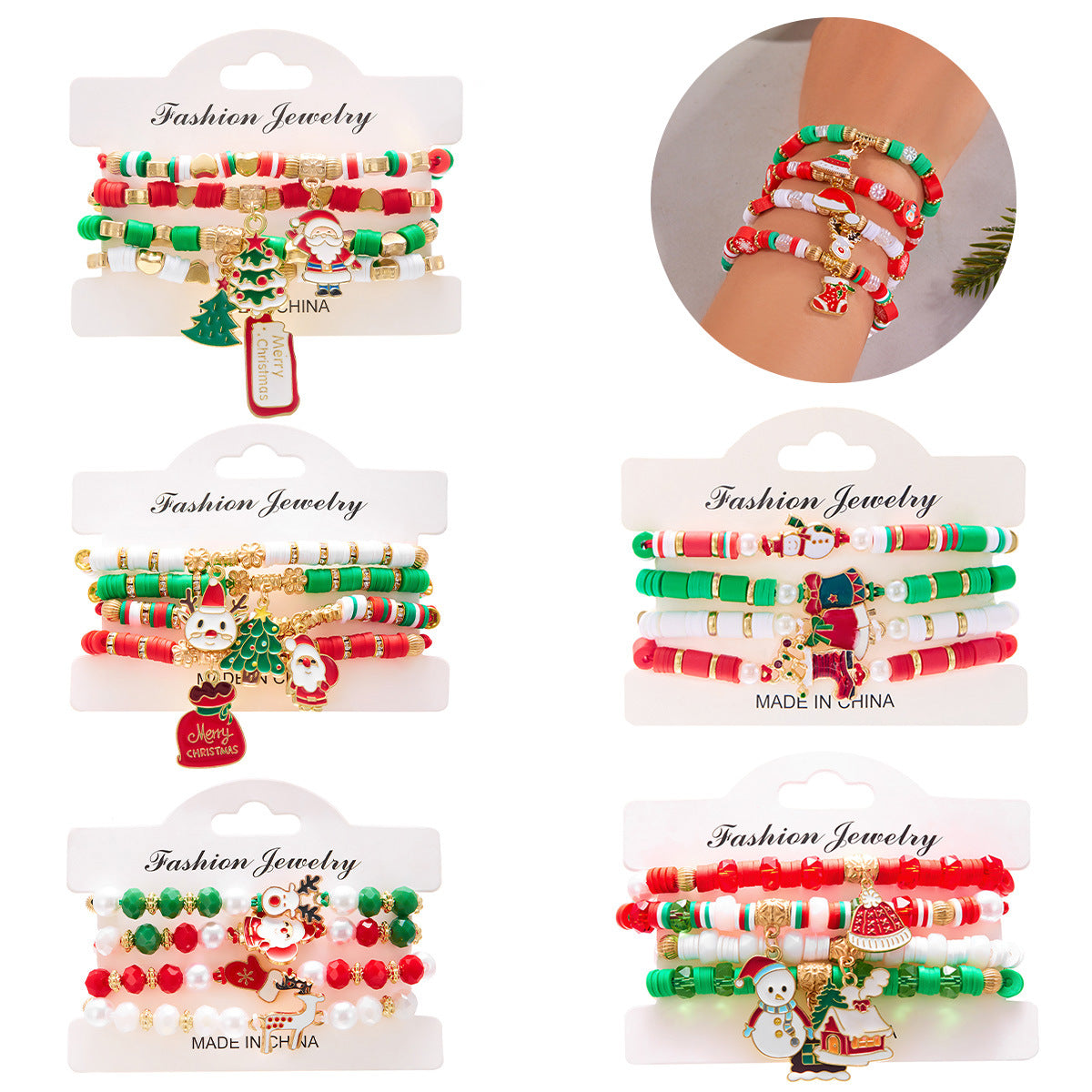 Christmas Day colorful woven Santa Claus Elk gloves soft pottery combination bracelet Christmas set