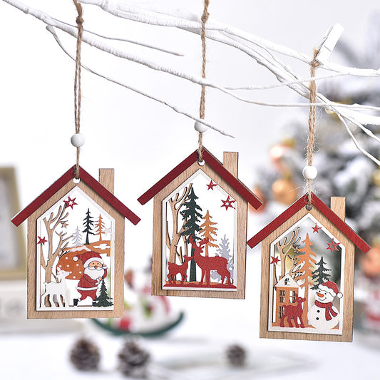 Christmas decoration Christmas tree old man snowman deer wooden hollow house pendant wooden print Christmas tree