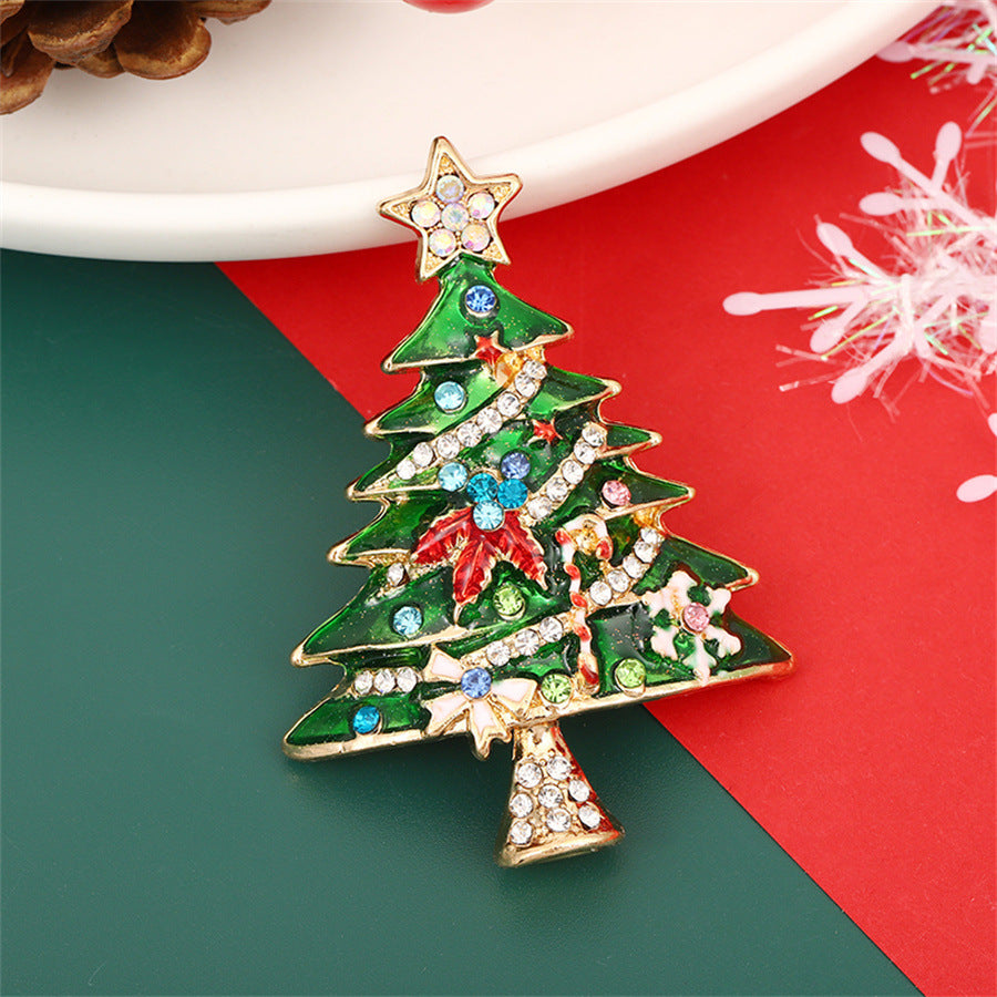 New Christmas Brooch Enamel Diamond Christmas Tree Oil Drop Rhinestone Pin Autumn and Winter Sweater Suit Accessories