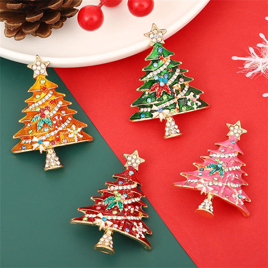 New Christmas Brooch Enamel Diamond Christmas Tree Oil Drop Rhinestone Pin Autumn and Winter Sweater Suit Accessories