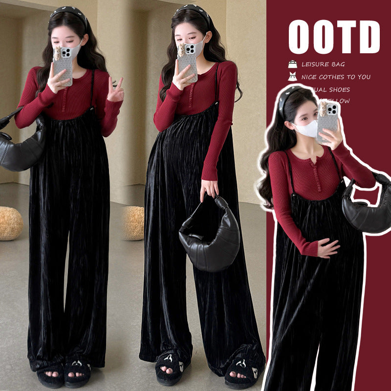 Knitted top + velvet overalls, maternity suit