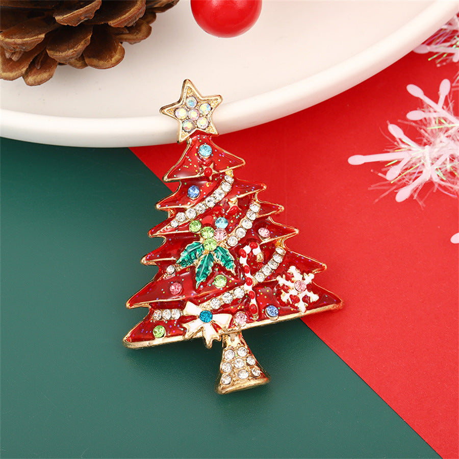 New Christmas Brooch Enamel Diamond Christmas Tree Oil Drop Rhinestone Pin Autumn and Winter Sweater Suit Accessories