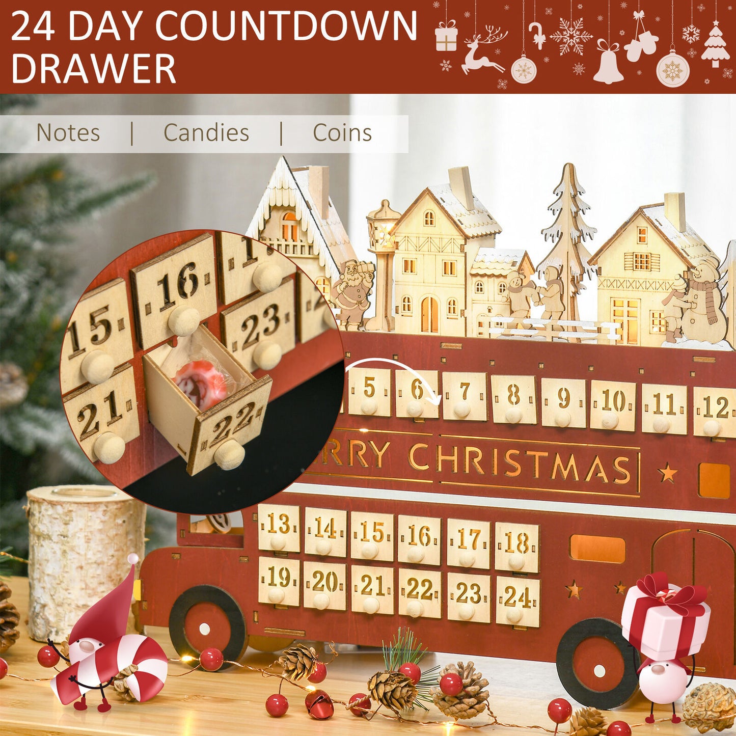 Christmas Gifts Big Bus Tabletop Decoration Christmas Train House Wooden Countdown Drawer Calendar Ornament