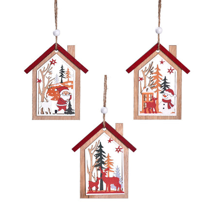 Christmas decoration Christmas tree old man snowman deer wooden hollow house pendant wooden print Christmas tree