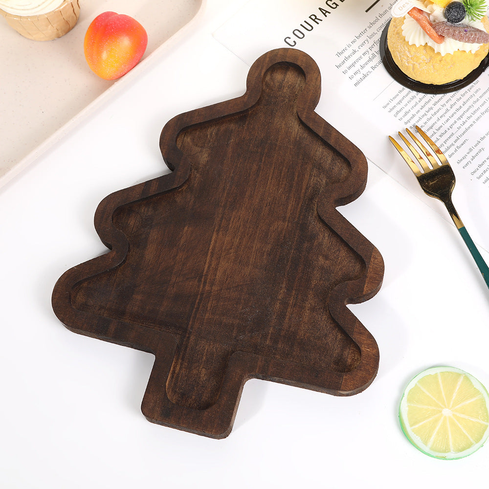 Christmas cutlery tray Cute household wooden Christmas tree Fruit plate Cake dessert Grid wooden plate