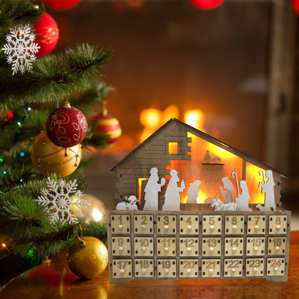 Wooden Christmas LED Light Calendar Cabinet Nativity Manger Decoration Wooden Desk Calendar Christmas Countdown Ornament