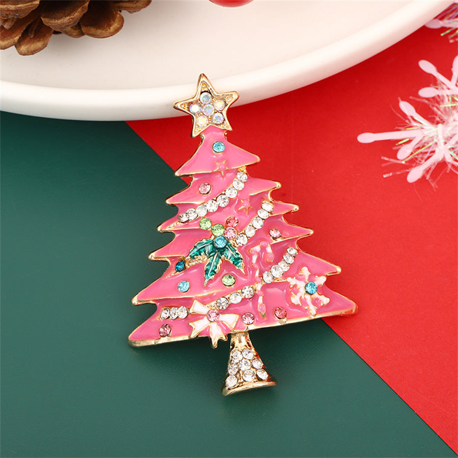 New Christmas Brooch Enamel Diamond Christmas Tree Oil Drop Rhinestone Pin Autumn and Winter Sweater Suit Accessories