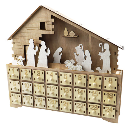 Wooden Christmas LED Light Calendar Cabinet Nativity Manger Decoration Wooden Desk Calendar Christmas Countdown Ornament