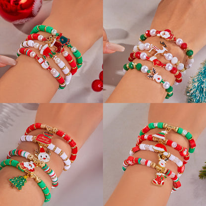 Christmas Day colorful woven Santa Claus Elk gloves soft pottery combination bracelet Christmas set