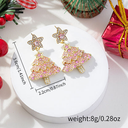 Pink Christmas tree five-pointed star earrings women's fashion light luxury temperament sweet and gentle Christmas stud earrings trendy earrings