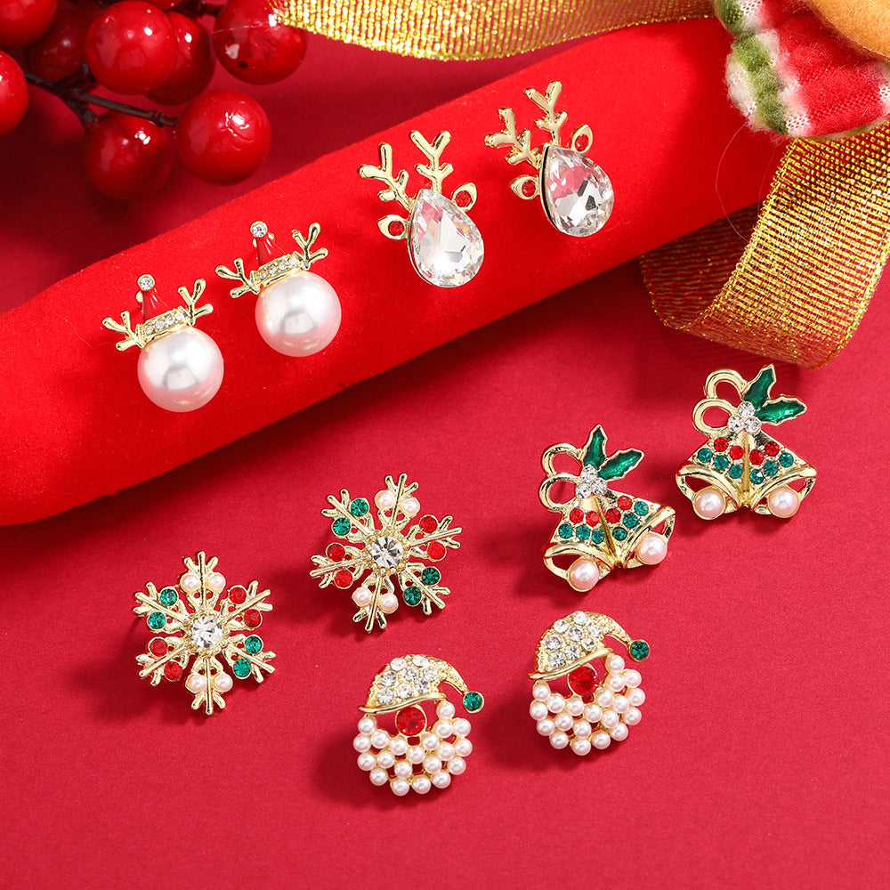 New Christmas Earrings Alloy Diamond Set Pearl Elk Snowflake Bells Earrings Earrings Women