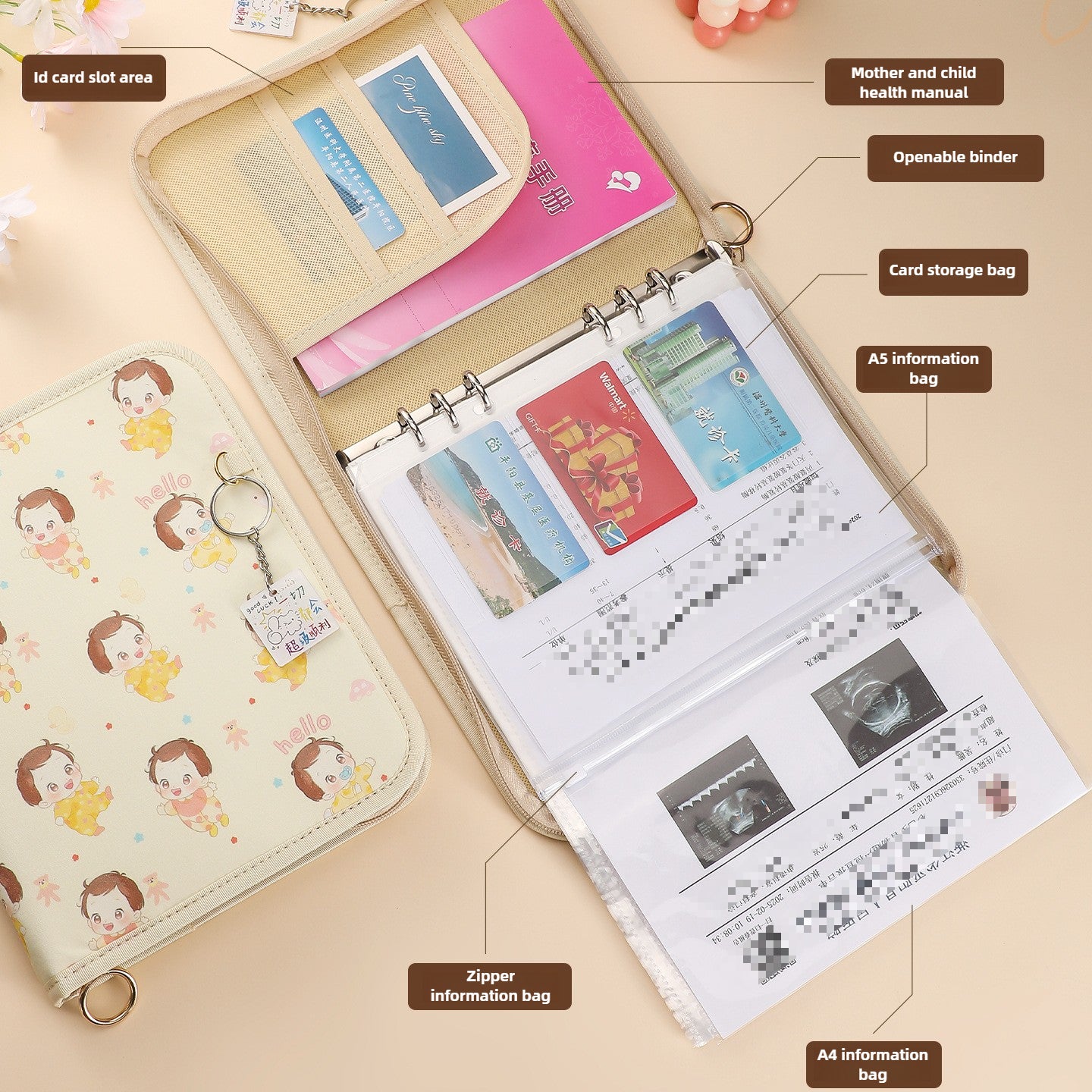"Portable pregnancy organizer with large capacity for hospital visits" Useful for images emphasizing convenience and mobility.