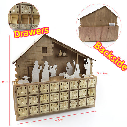 Wooden Christmas LED Light Calendar Cabinet Nativity Manger Decoration Wooden Desk Calendar Christmas Countdown Ornament