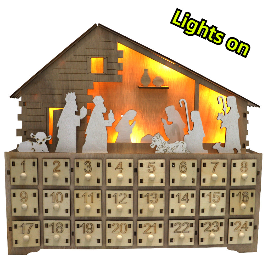 Wooden Christmas LED Light Calendar Cabinet Nativity Manger Decoration Wooden Desk Calendar Christmas Countdown Ornament