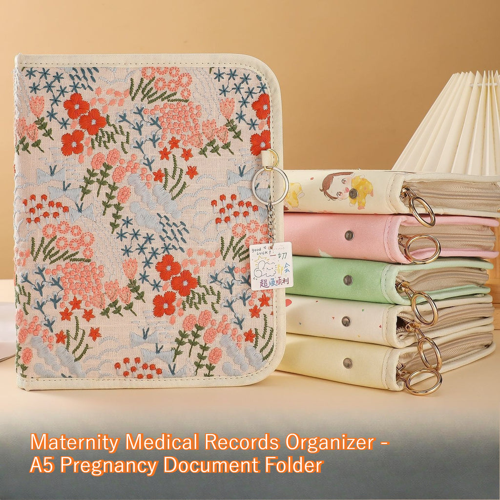 "A5 maternity medical records organizer with zipper closure and loose-leaf design" Ideal for product-only shots showing structure and features.
