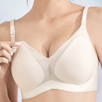 "Pregnant woman wearing ultra-thin wireless nursing bra with seamless design" Ideal for lifestyle shots showing the bra in use.